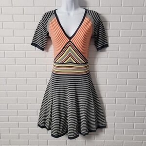 Trina Turk Amur Knit Dress XS Orange Navy Striped Fit Flare V-Neck